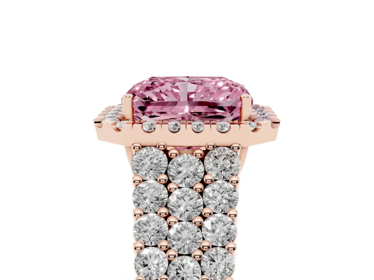 Fancy Pink Radiant Cut Diamond Halo Engagement Ring with Triple Row Round Pavé Band and Prong Setting Rose gold