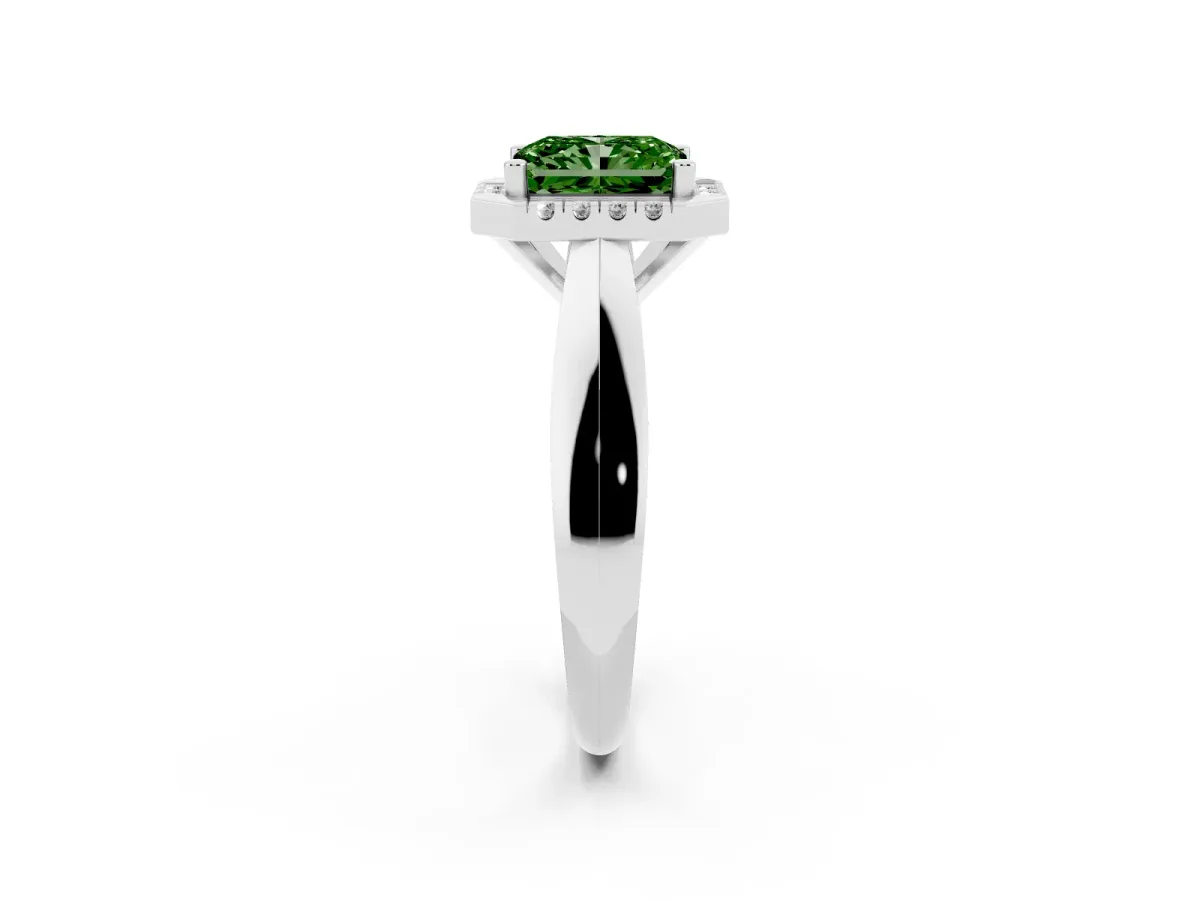 Fancy Green Radiant Cut Cut Halo Solitaire Engagement Ring with Square Band and Four-Prong Setting Silver