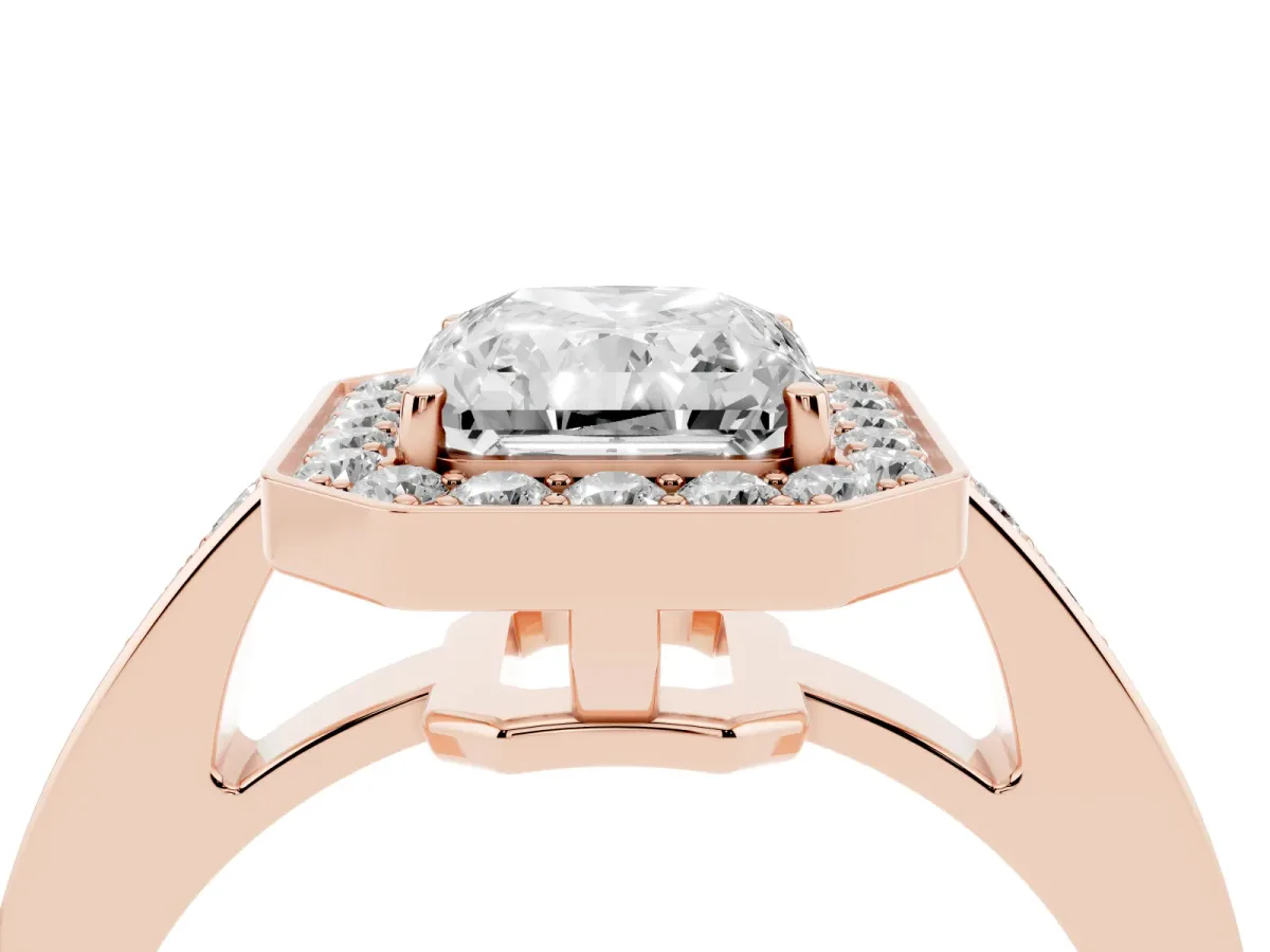 Radiant Cut Halo Pavé Diamond Engagement Ring with Bezel Setting Rose gold