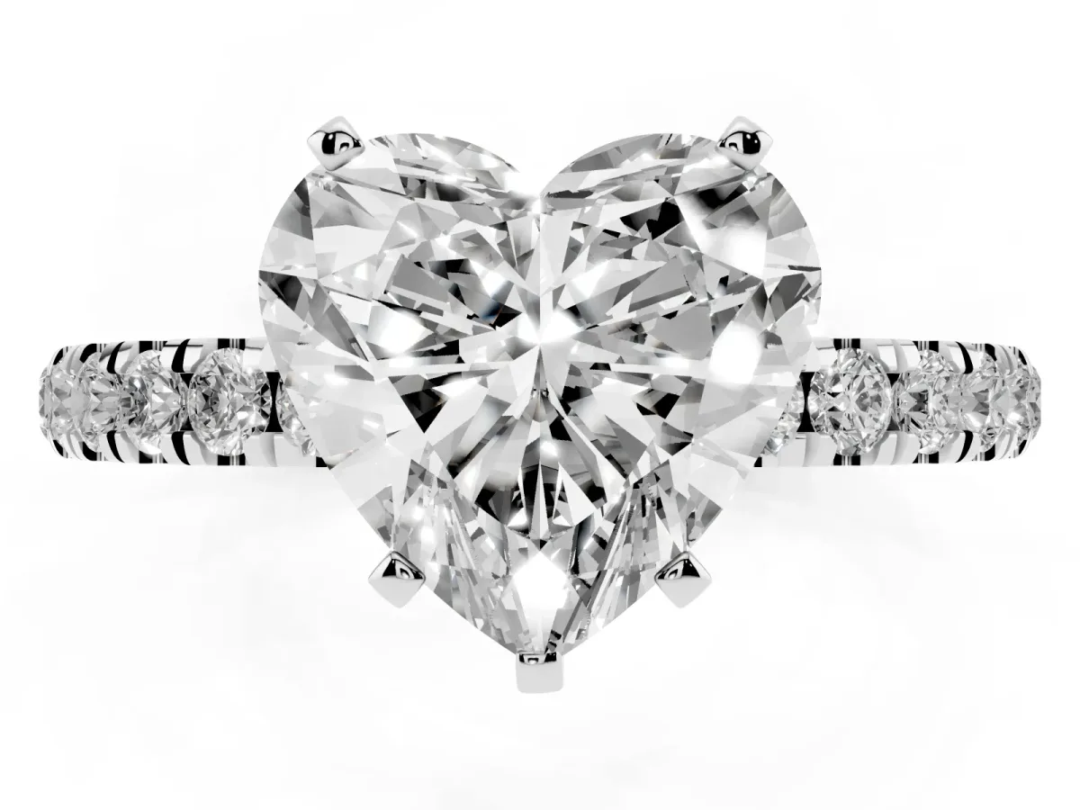 Heart Cut Diamond Solitaire Ring with Pavé Accents and Four-Prong Setting Silver