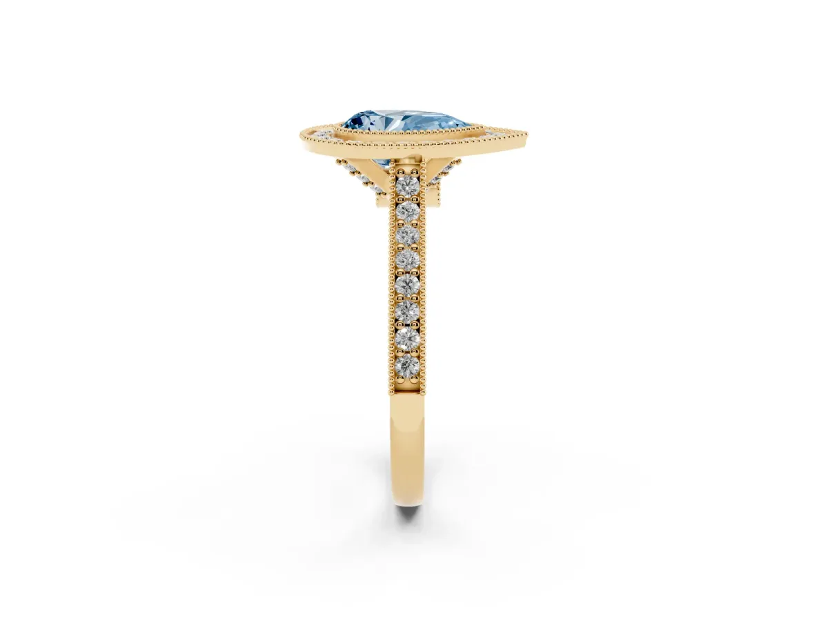 Fancy Blue Halo Pear Cut-Cut Diamond Pave Band Milgrain Prong Setting Ring Yellow gold
