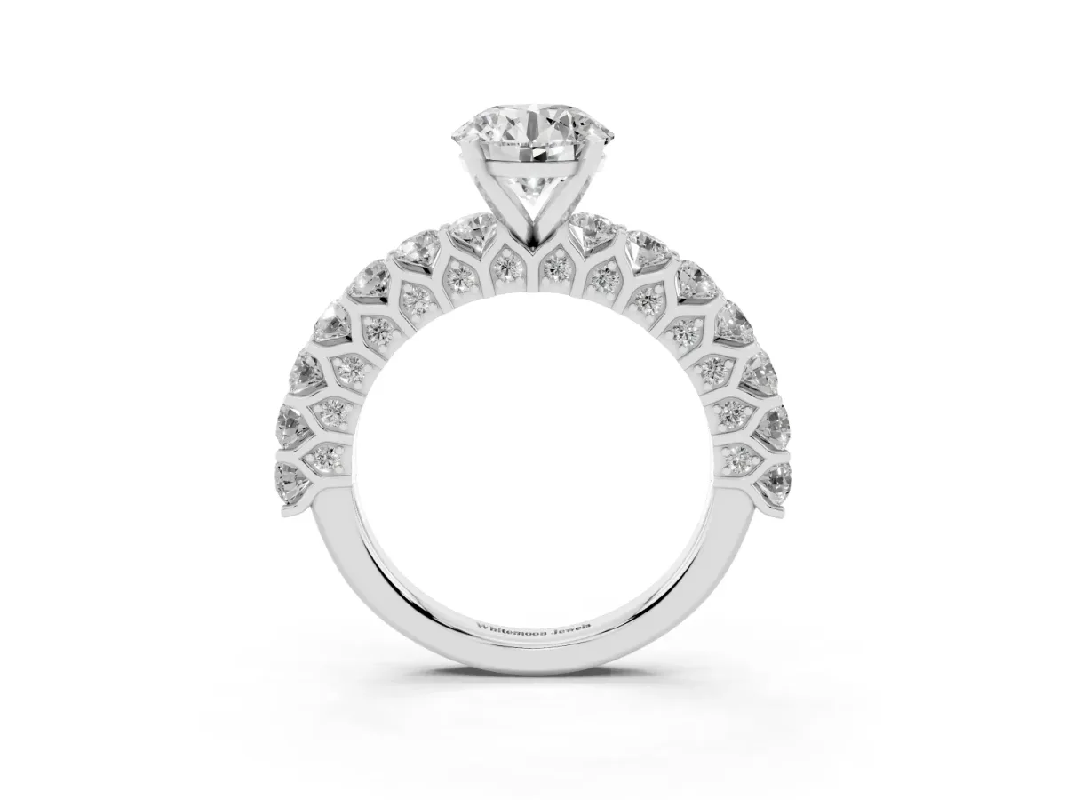 Round Cut Diamond Solitaire Ring with Shared Prong Pavé Band and Four-Prong Setting Silver