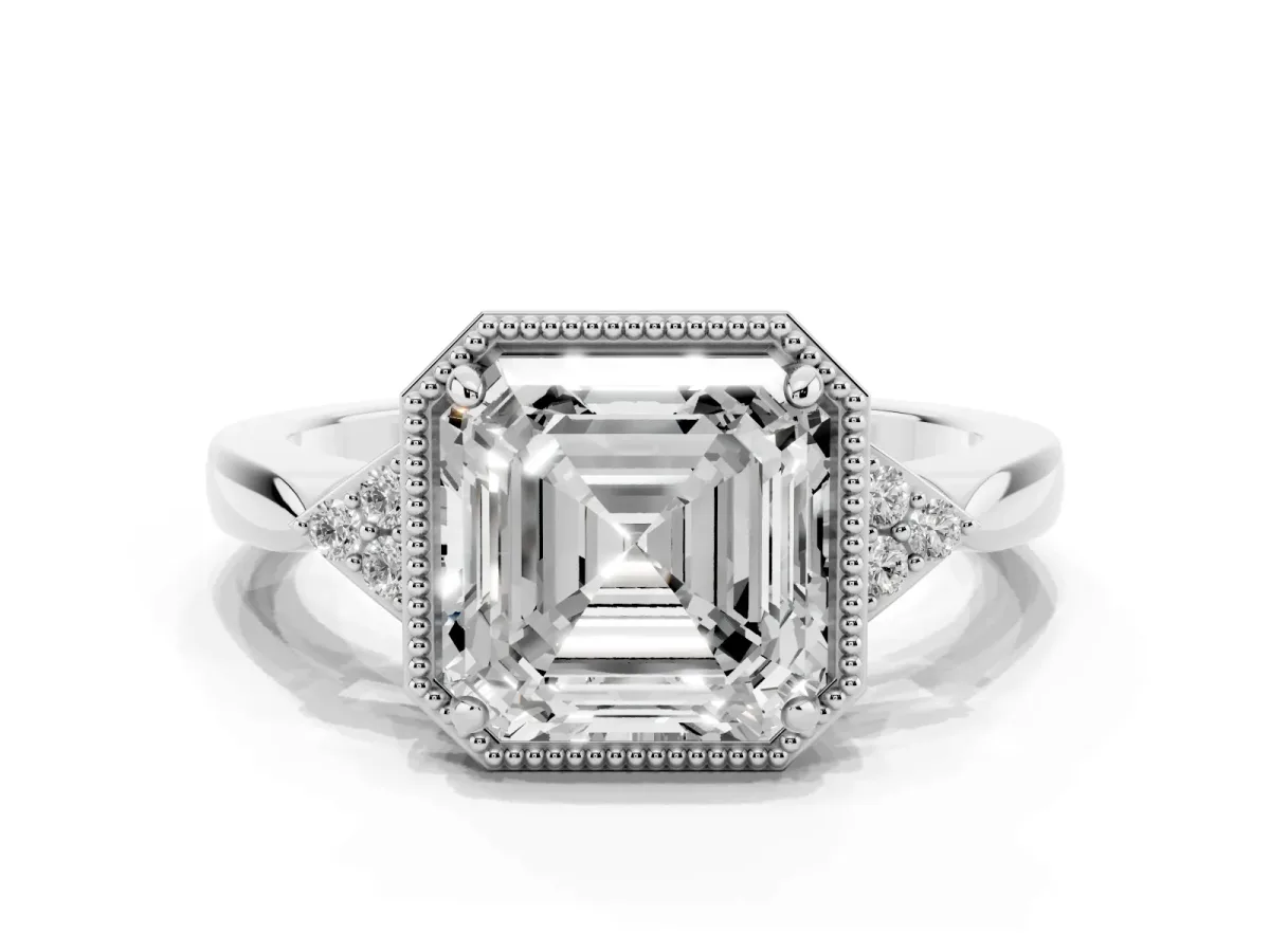 Asscher Cut Diamond Halo Ring with Tapered Band and Four-Prong Setting Silver