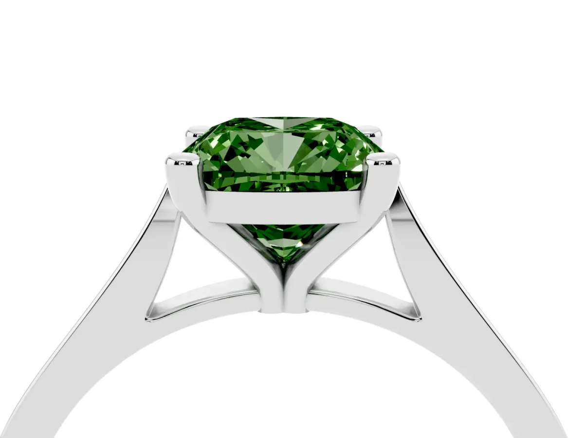 Fancy Green Cushion Cut Solitaire Diamond Ring with Four-Prong Setting and Tapered Band White gold