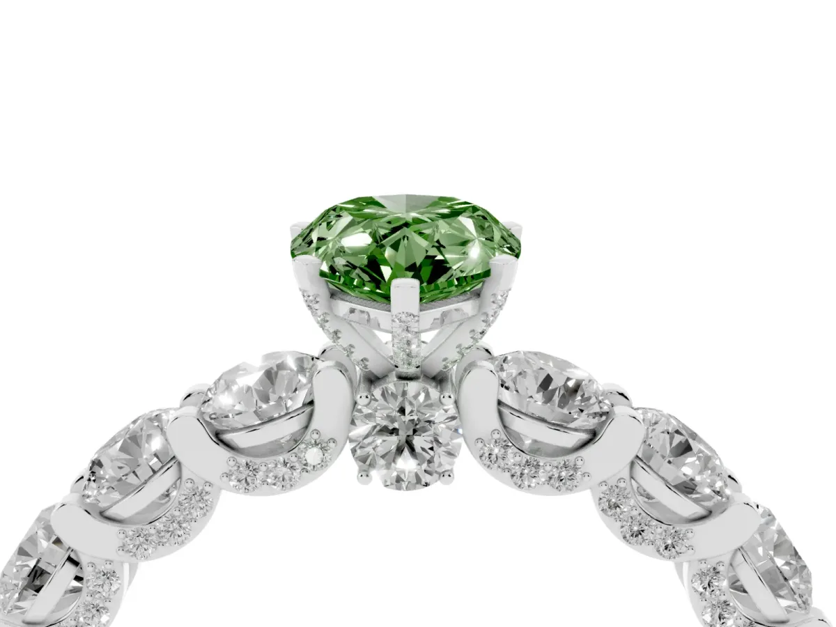 Fancy Green Pear Cut Diamond Side Stone Engagement Ring with Four-Prong Setting Silver