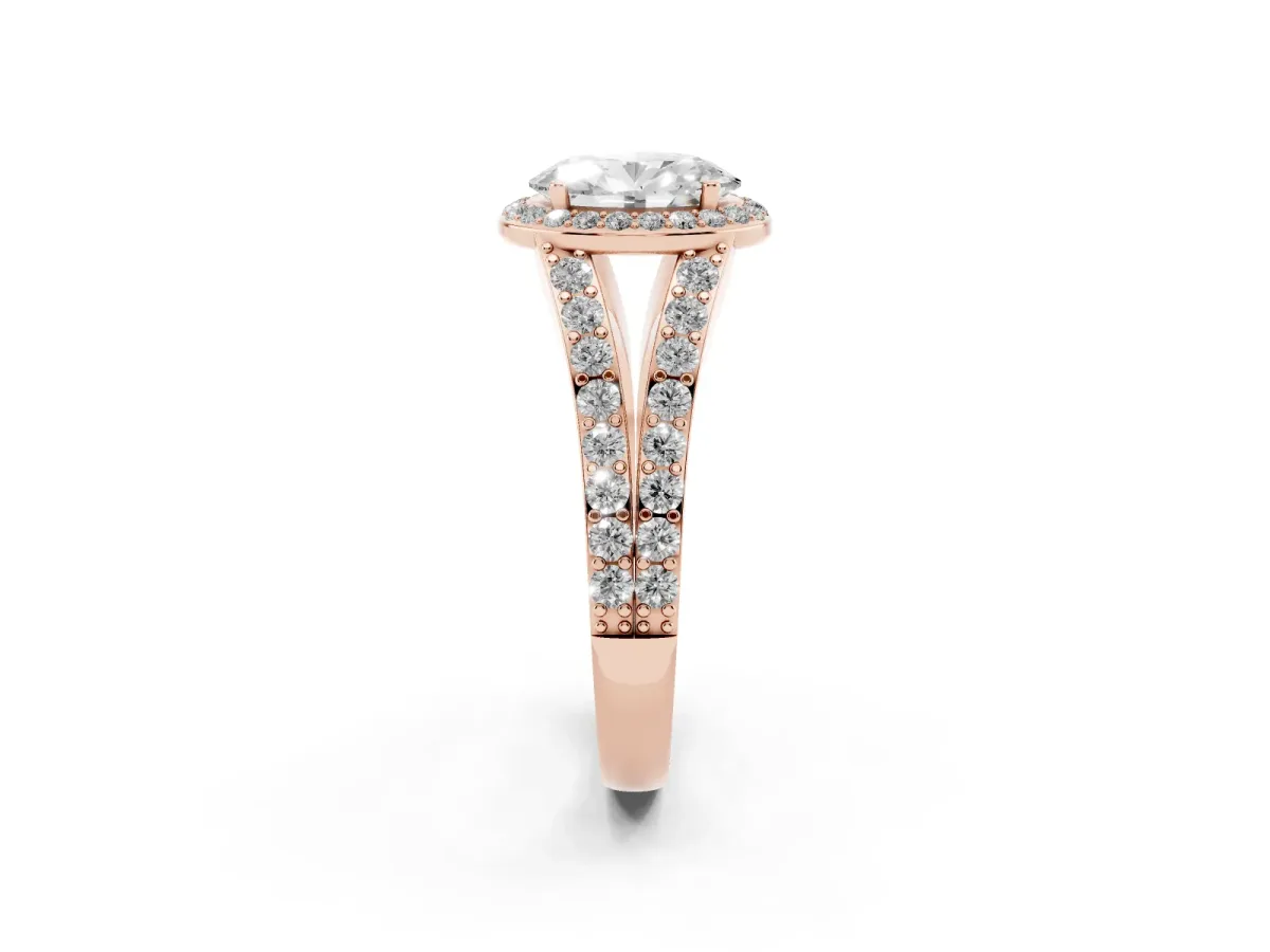 Oval Cut Diamond Split Shank Halo Ring with Four-Prong Setting Rose gold