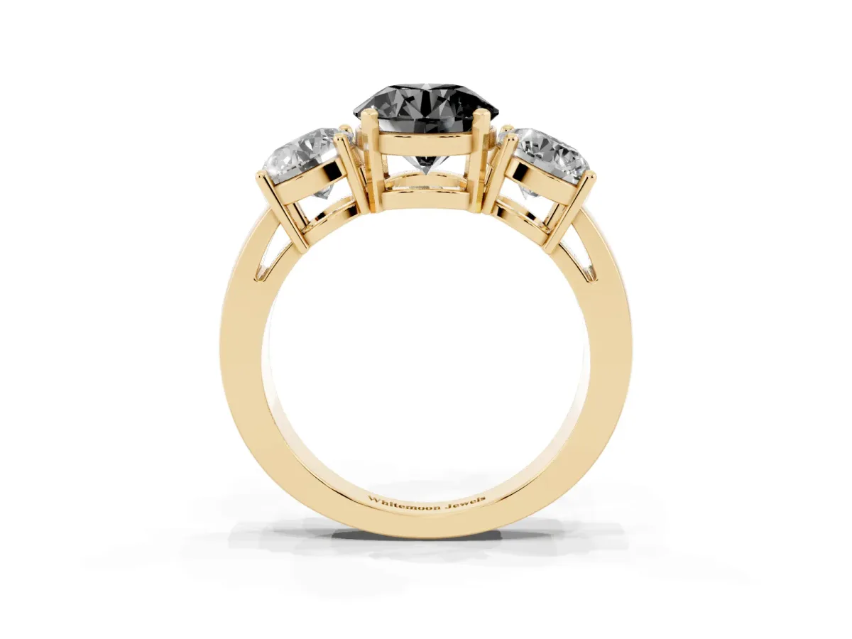 Fancy Black Three-Stone Round Cut Diamond Ring with Round Side Stones, Classic Band, and Four-Prong Setting Yellow gold