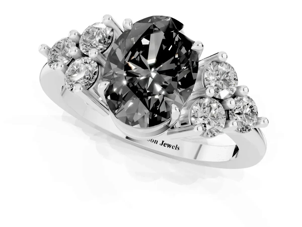 Fancy Black Oval Cut Brilliant Diamond Cluster Accent Solitaire Ring with Prong Setting White gold