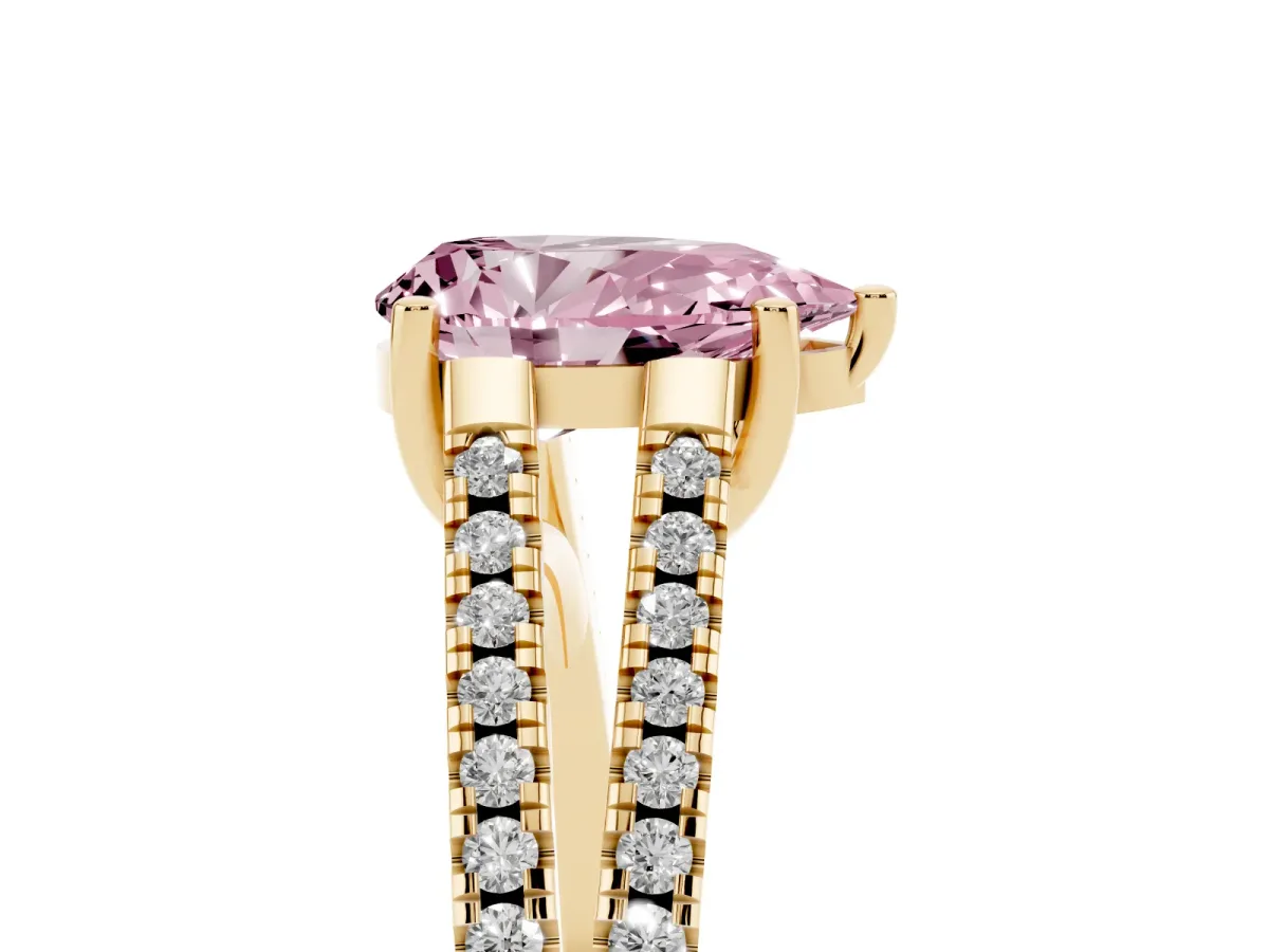 Fancy Pink Pear Cut Diamond Solitaire Engagement Ring with Split Shank Pavé Band Yellow gold