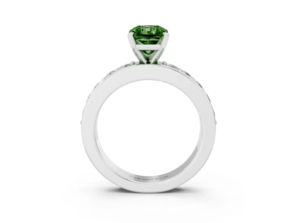 Fancy Green Radiant Cut Diamond Engagement Ring with Channel Set Round Band and Prong Setting Silver