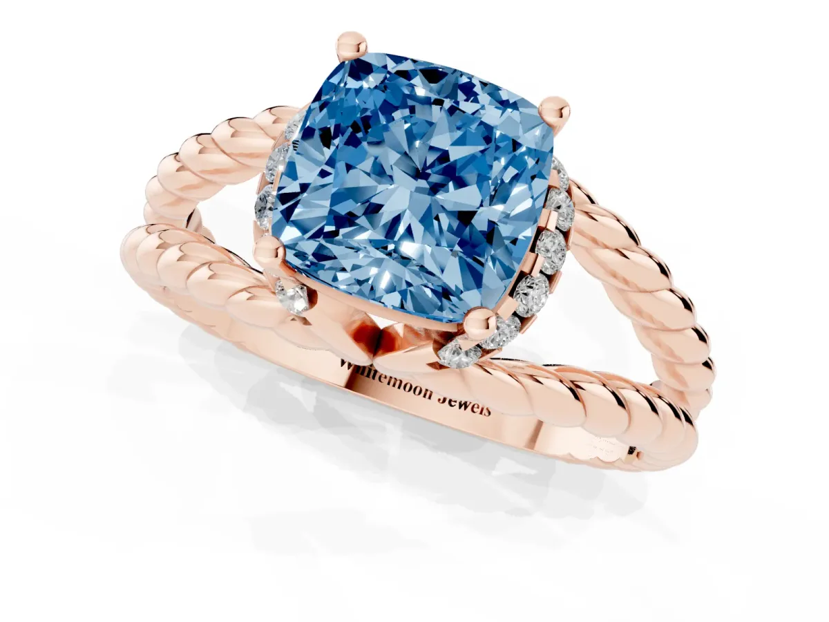 Fancy Blue Cushion Cut Halo Twisted Band Four-Prong Ring Rose gold