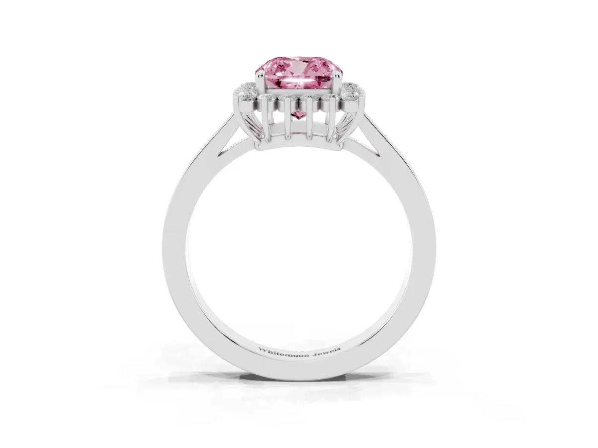 Fancy Pink Cushion Cut Cut Diamond Halo Ring with Round Brilliant Halo and Solitaire Band Platinum