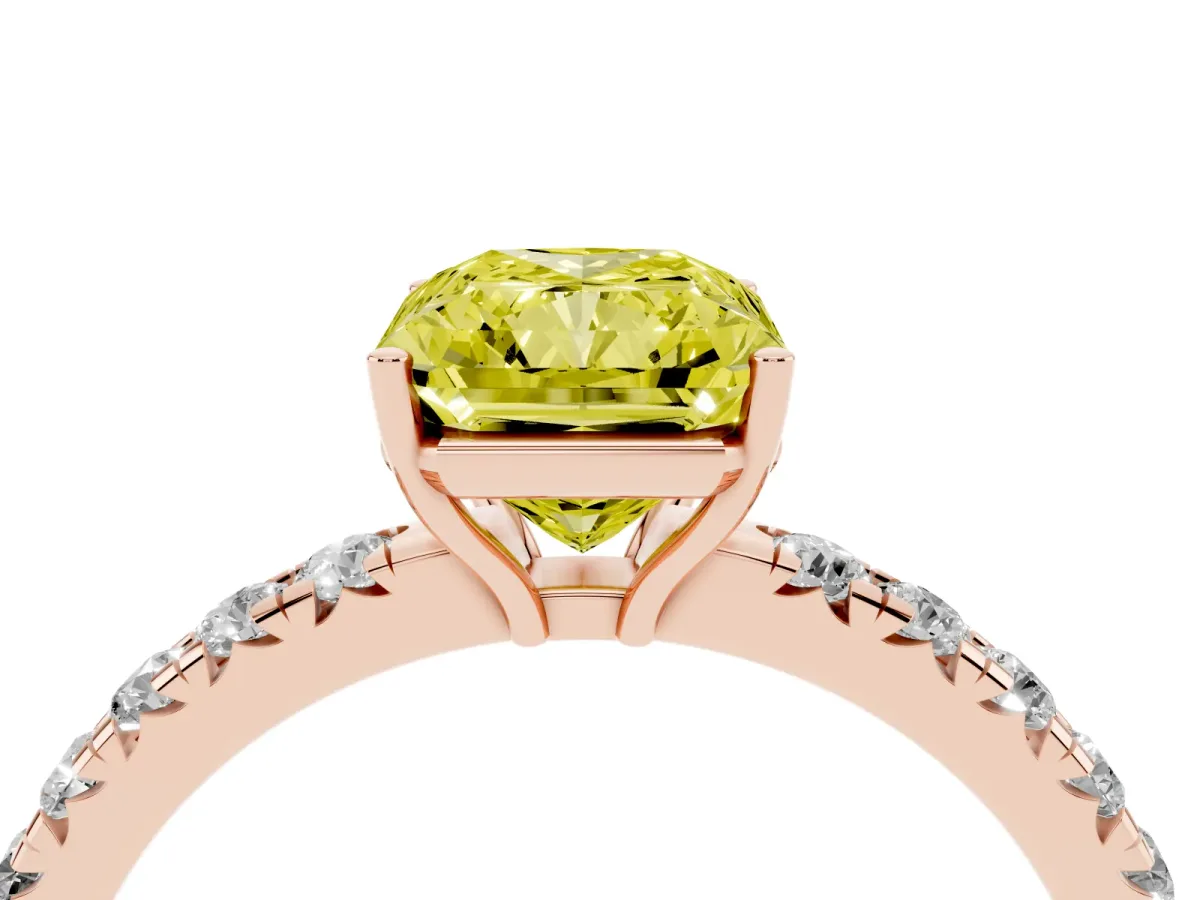 Fancy Yellow Radiant Cut Diamond Pavé Solitaire Engagement Ring with Four-Prong Setting Rose gold