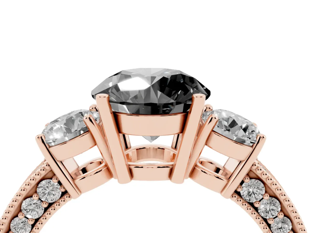 Fancy Black Round Cut Three-Stone Diamond Ring with Pavé Band and Four-Prong Setting Rose gold