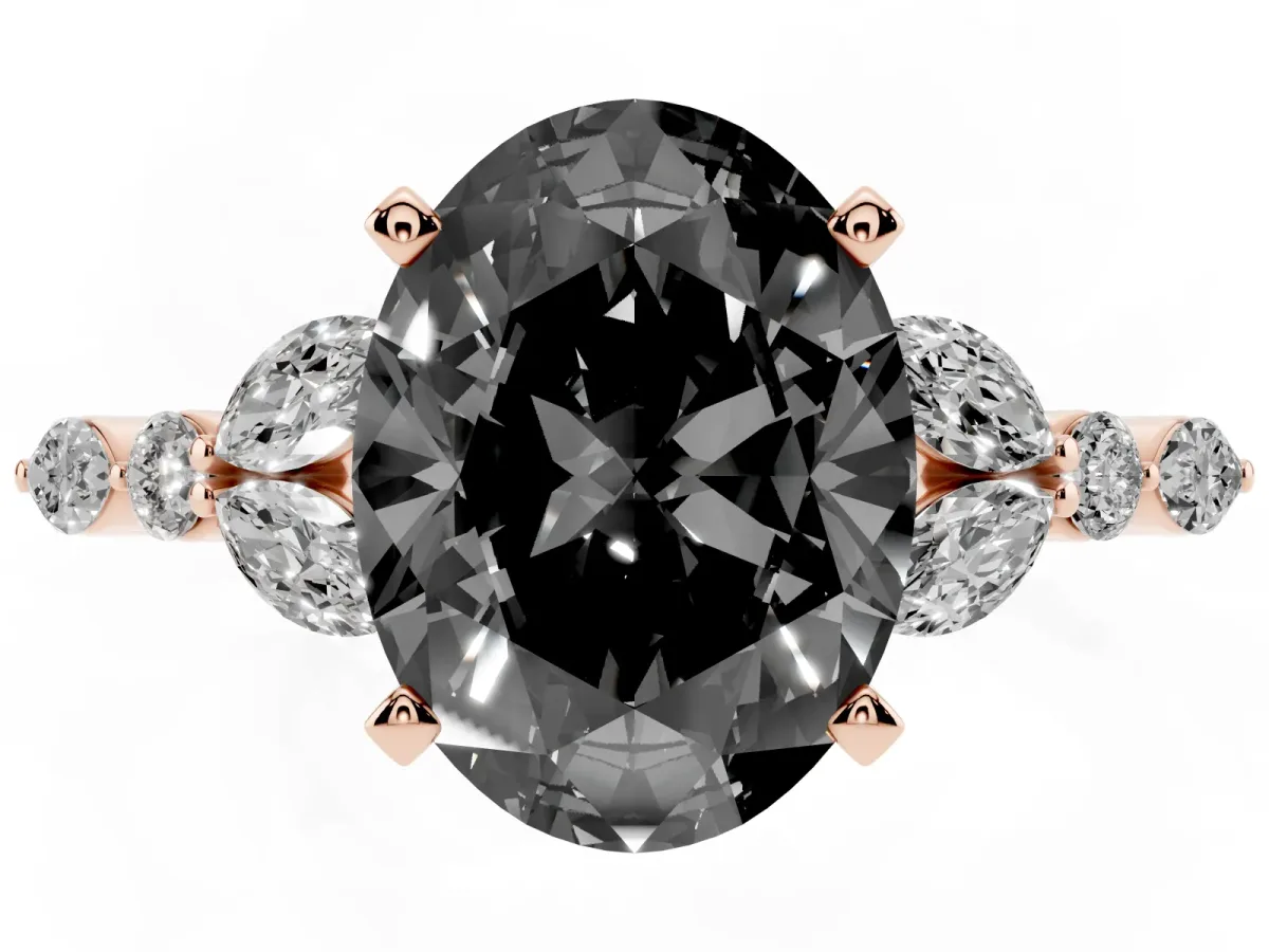 Fancy Black Oval Cut Diamond Solitaire Ring with Side Stones and Four-Prong Setting Rose gold