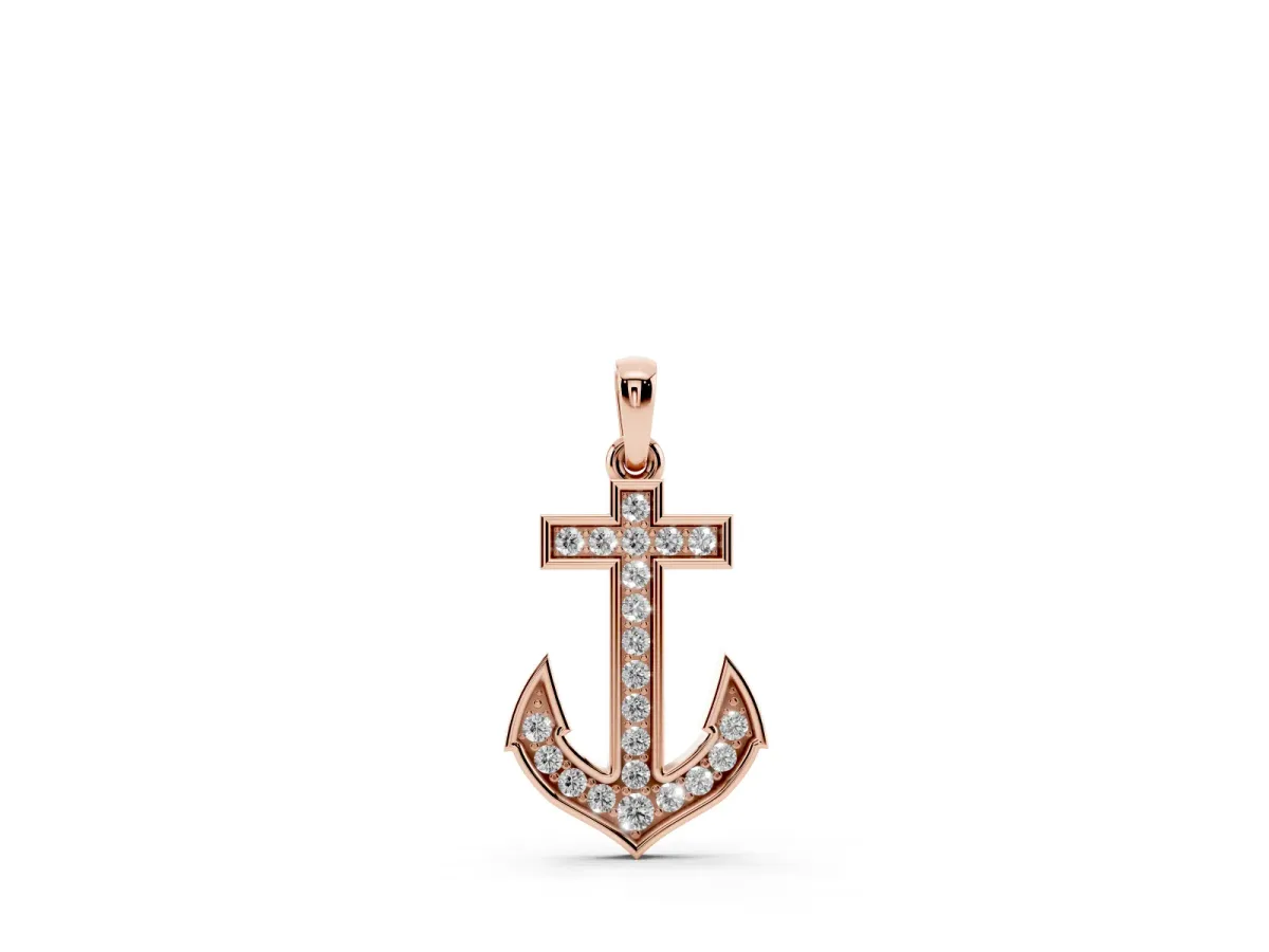 Pavé Round Diamond Anchor Pendant with Four-Prong Setting Rose gold