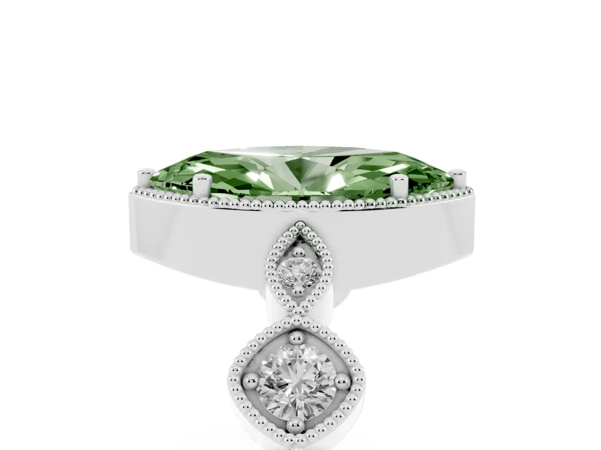 Fancy Green Marquise Cut Diamond Vintage Milgrain Ring with Round Stations Silver