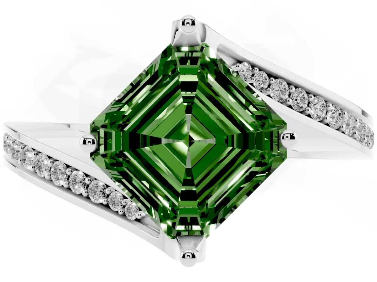 Fancy Green Asscher Cut Solitaire Diamond Twist Band with Pavé Setting and Four-Prong Setting Silver
