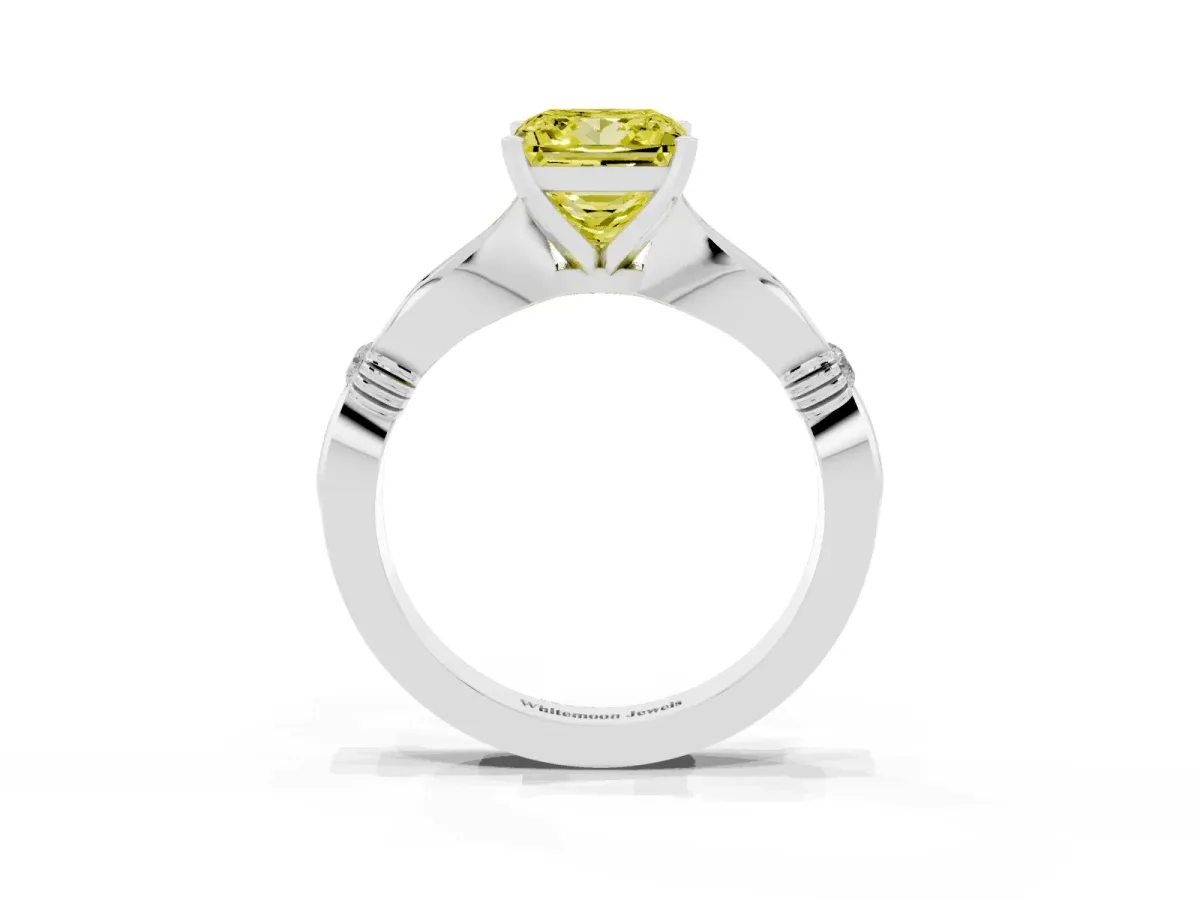 Fancy Yellow Princess Cut Solitaire Diamond Twisted Band with Four-Prong Setting Platinum