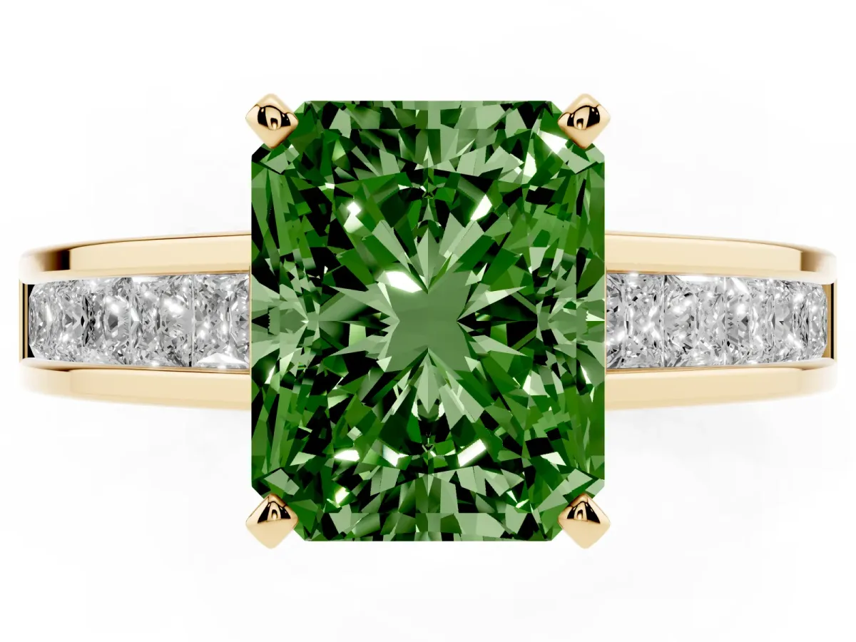 Fancy Green Radiant Cut Solitaire Diamond Ring with Channel-Set Band and Four-Prong Setting Yellow gold