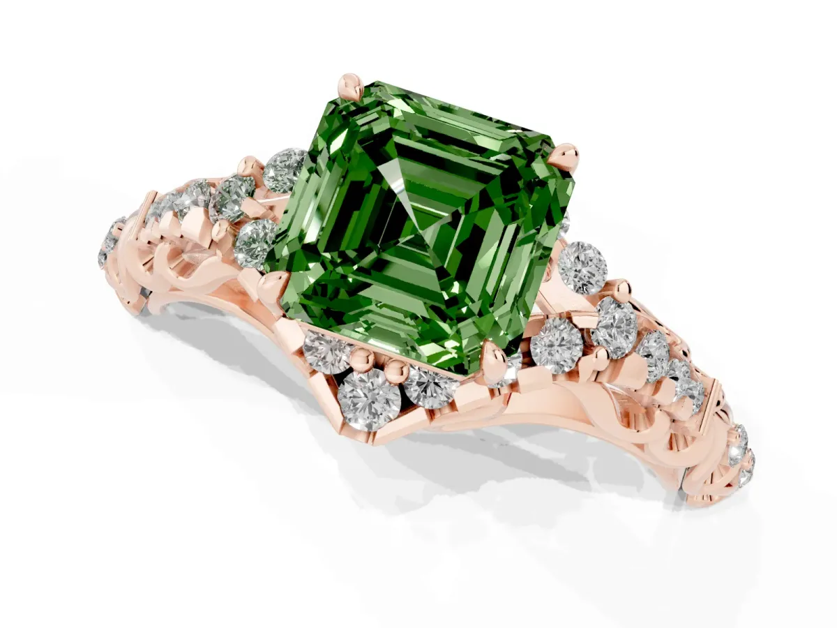 Fancy Green Asscher Cut Diamond Solitaire Ring with Hidden Halo and Pavé Band Rose gold
