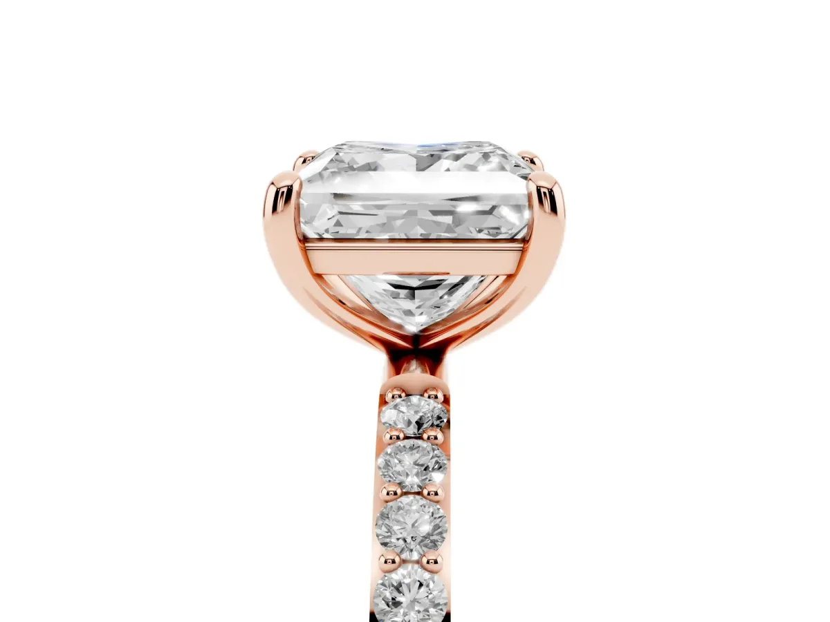 Princess Cut Diamond Solitaire Ring with Round Pavé Band and Prong Setting Rose gold