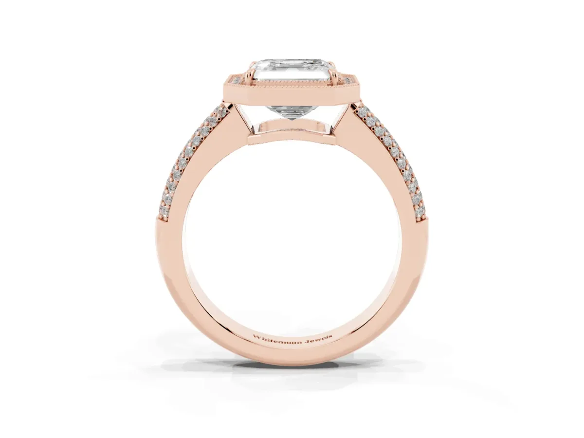Asscher Cut Cut Halo Diamond Pave Band with Four-Prong Setting Rose gold
