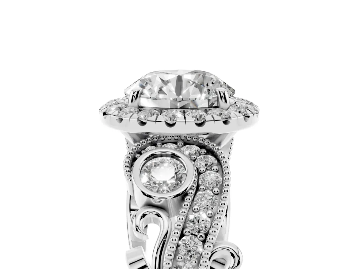 Round Cut Diamond Halo Ring with Milgrain Pavé Band and Four-Prong Setting Platinum