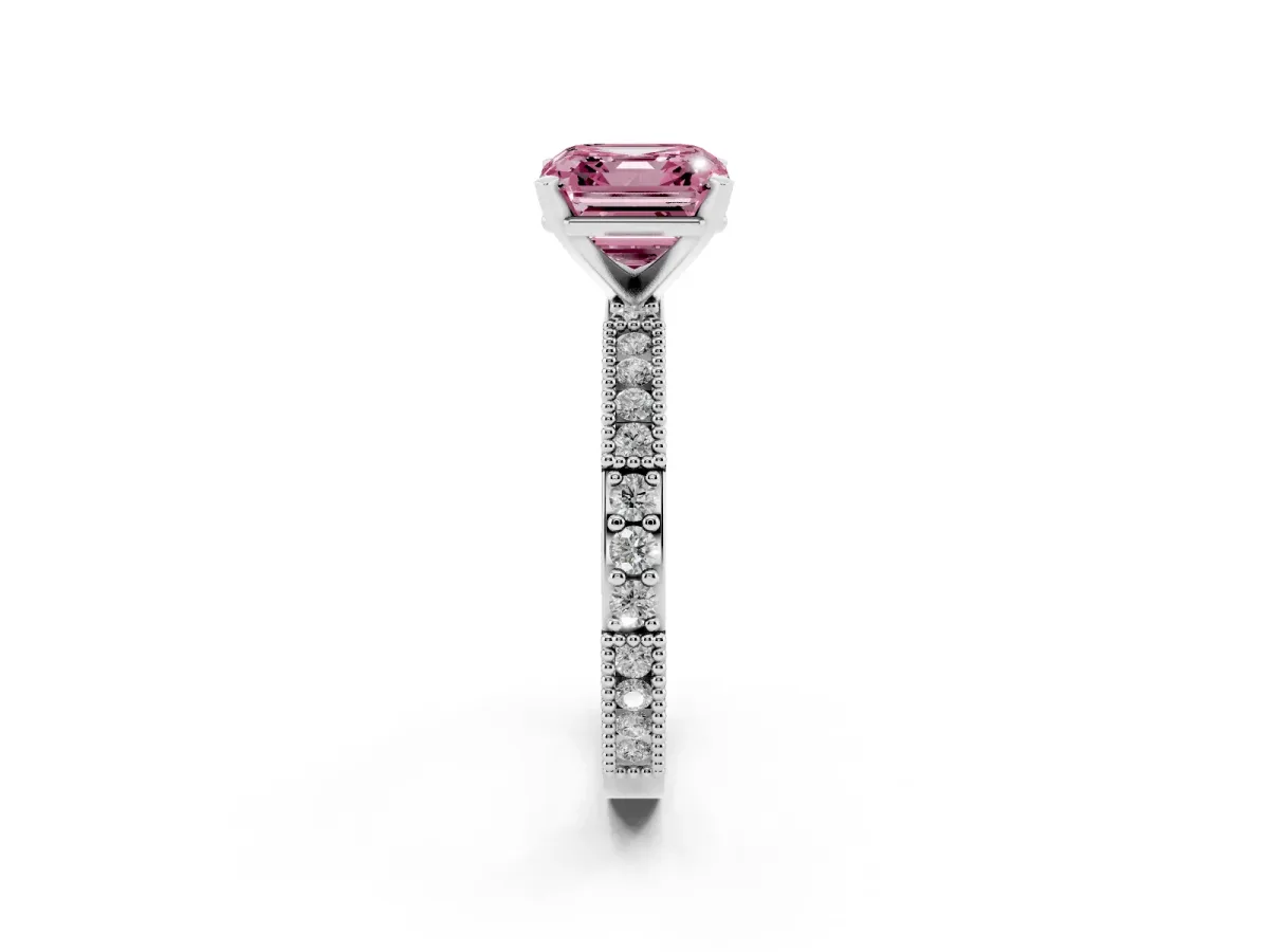 Fancy Pink Asscher Cut Solitaire with Pavé Band and Four-Prong Setting Silver