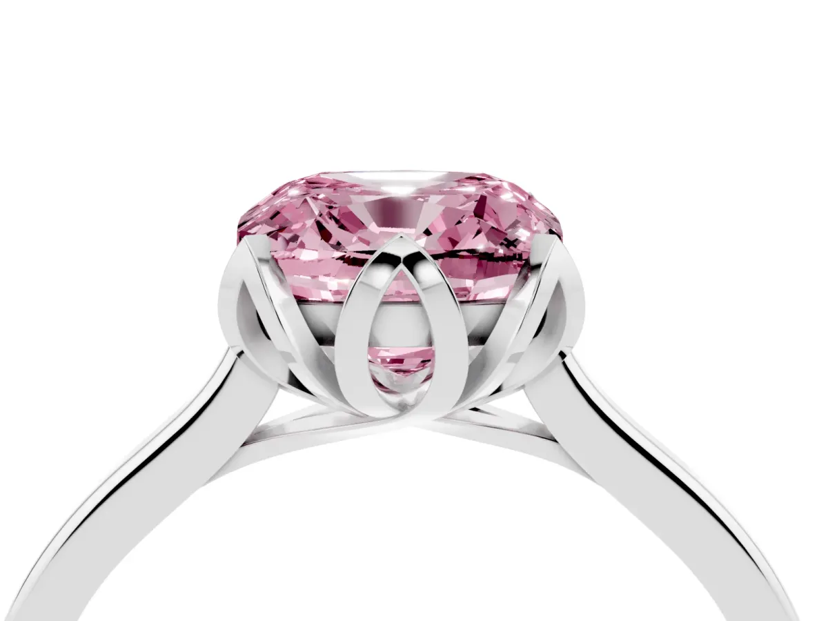 Fancy Pink Cushion Cut Diamond Solitaire Ring with Flower Prong Setting and Classic Band Silver