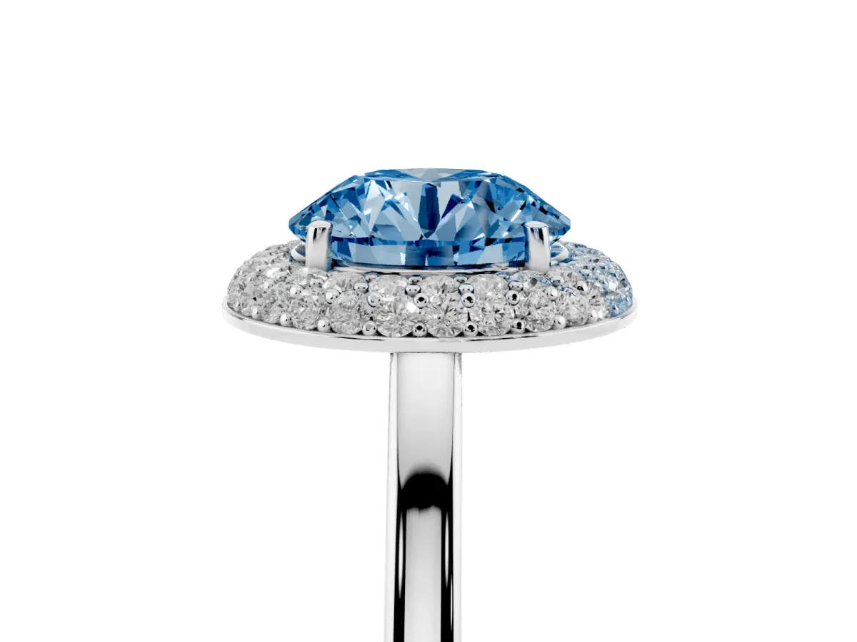 Fancy Blue Round Cut Halo Diamond Engagement Ring with Solitaire Band and Four-Prong Setting Silver