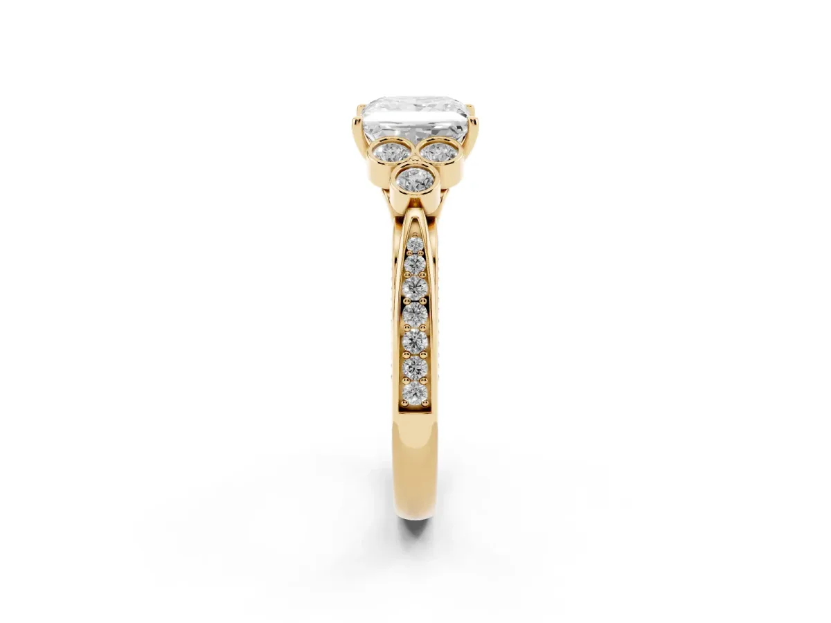 Princess Cut Cut Diamond Engagement Ring with Bezel Set Round Side Stones and Prong Setting Yellow gold