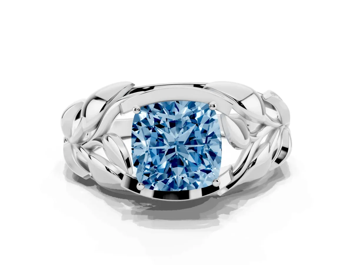 Fancy Blue Cushion Cut Diamond Leaf-Inspired Engagement Ring with Round Accents and Prong Setting Silver