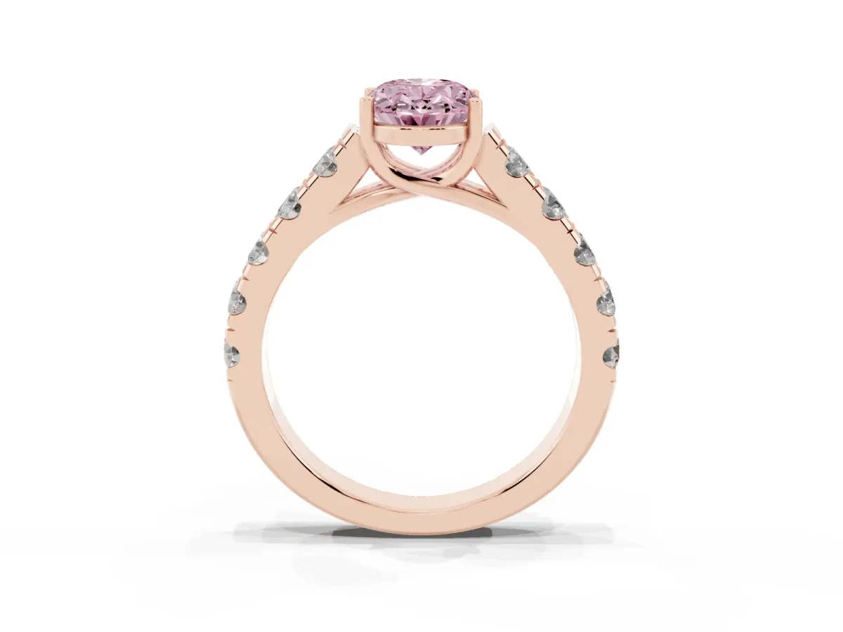 Fancy Pink Oval Cut Cut Diamond Solitaire Ring with Micro Pave Band and Prong Setting Rose gold