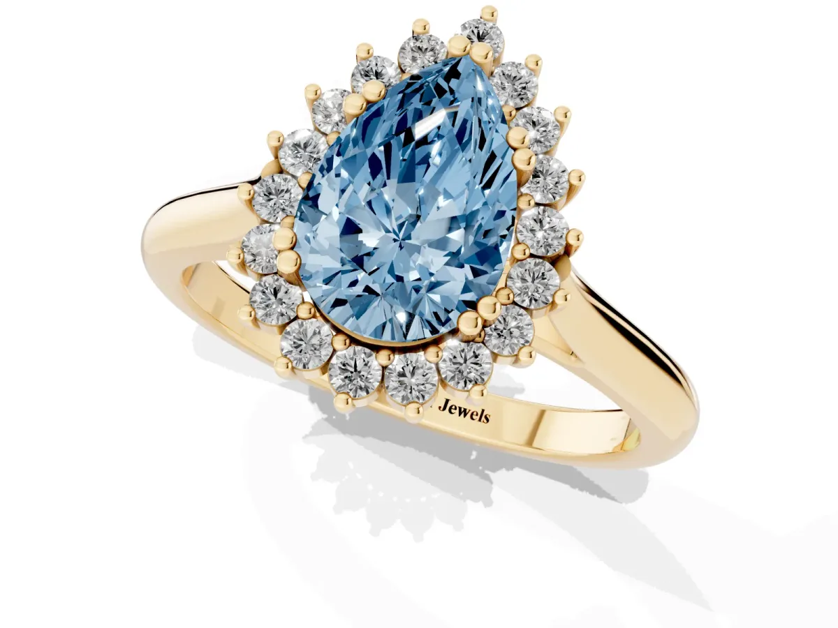 Fancy Blue Pear Cut Cut Diamond Halo Ring with Solitaire Band and Prong Setting Yellow gold
