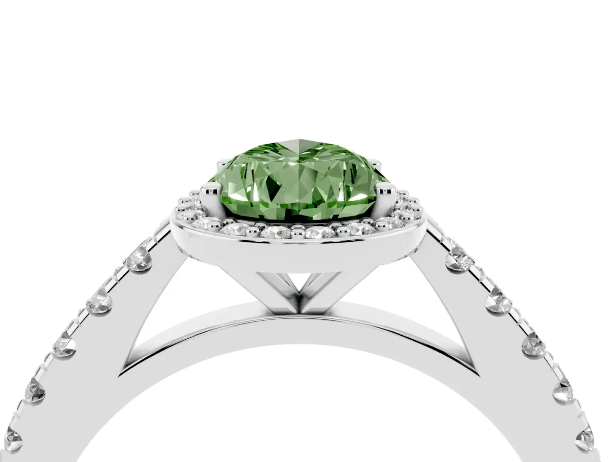 Fancy Green Pear Cut Cut Halo Diamond Engagement Ring with Pave Band and Four-Prong Setting White gold