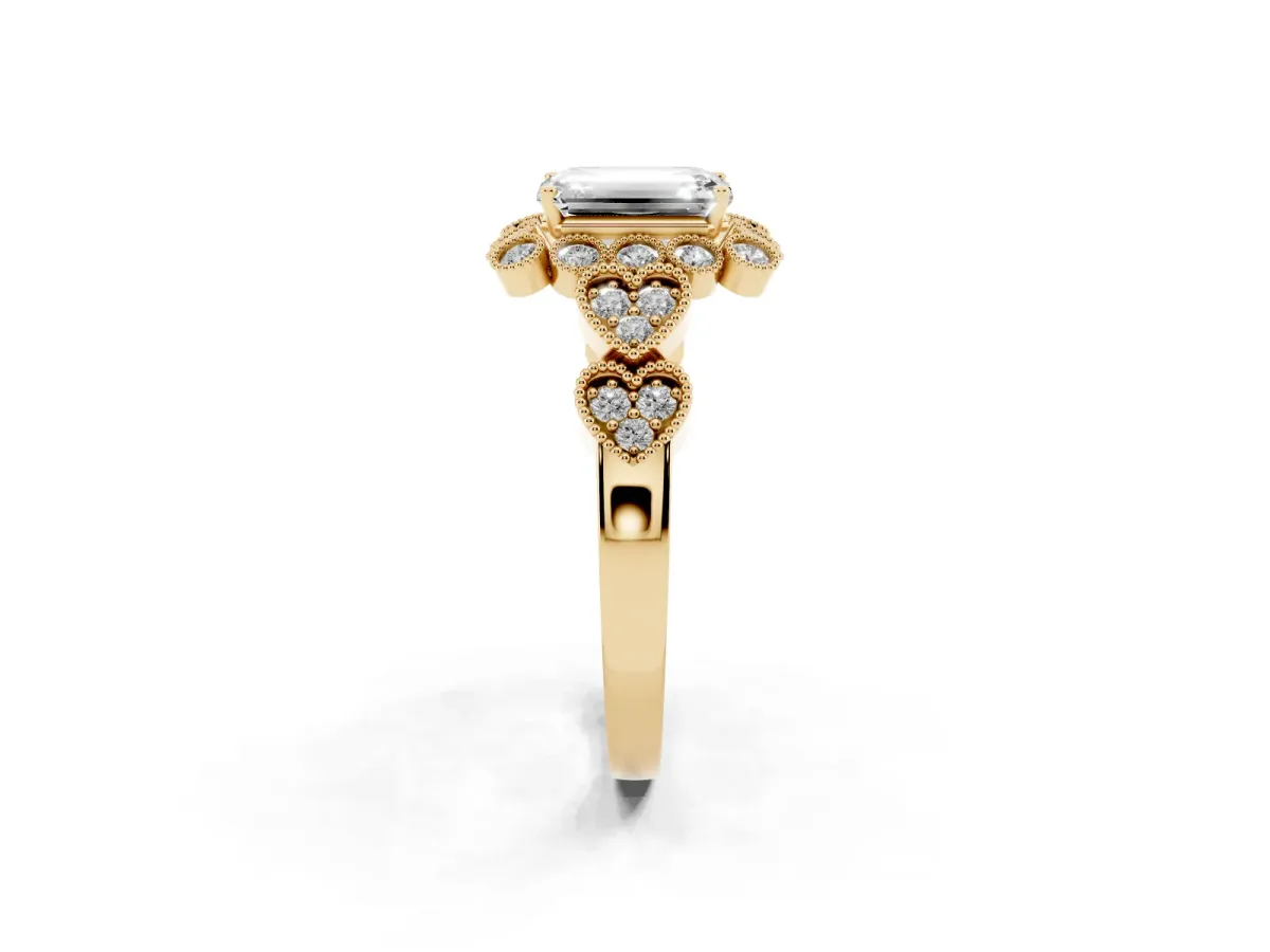 Emerald Cut Brilliant Milgrain Pave Heart Band Solitaire Ring Yellow gold