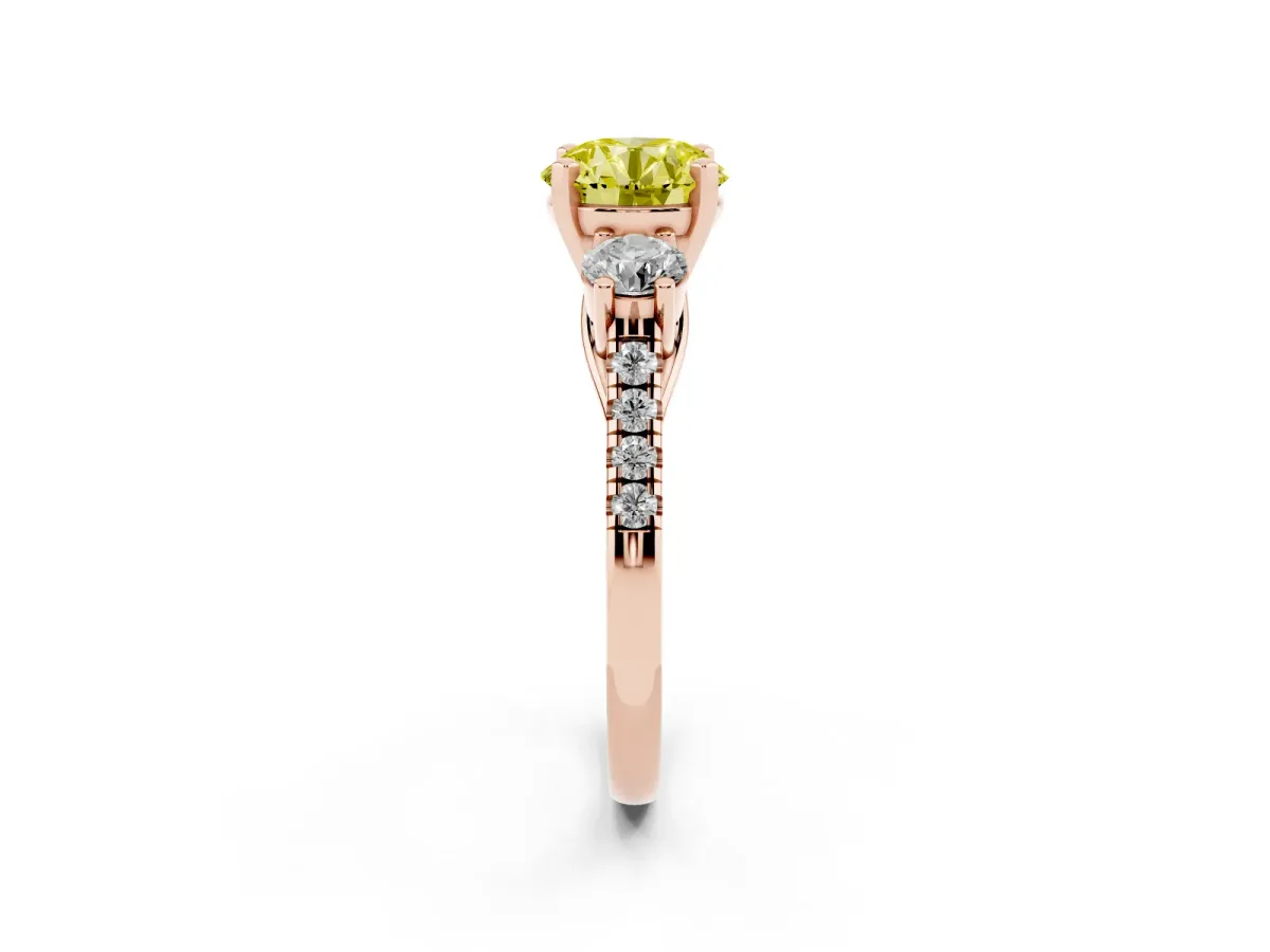 Fancy Yellow Three-Stone Round Cut Diamond Pavé Band with Four-Prong Setting Rose gold