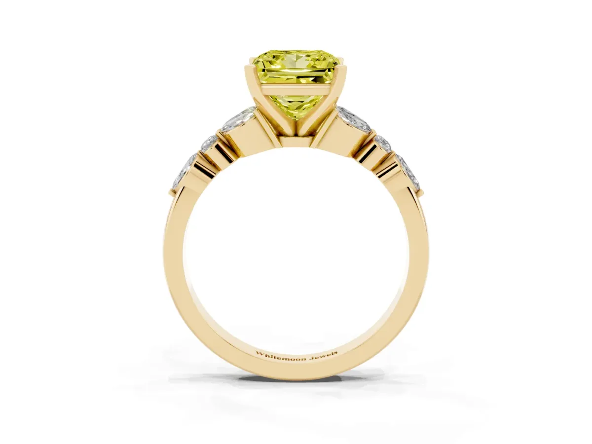 Fancy Yellow Princess Cut Diamond Solitaire Ring with Side Stones and Four-Prong Setting Yellow gold