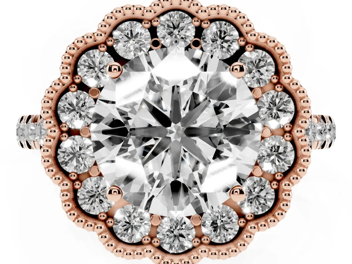 Round Cut Cut Diamond Milgrain Floral Halo Engagement Ring with Pavé Band Rose gold