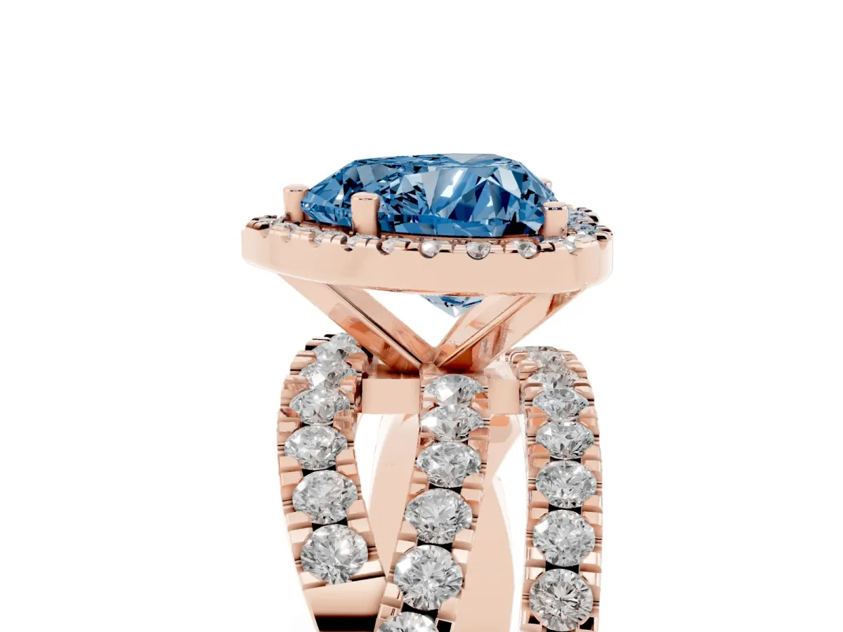 Fancy Blue Heart Cut Diamond Halo Ring with Round Split Shank and Prong Setting Rose gold
