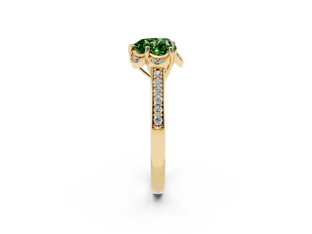 Fancy Green Heart Cut Cut Halo Diamond Ring with Channel Set Band and Four-Prong Setting Yellow gold