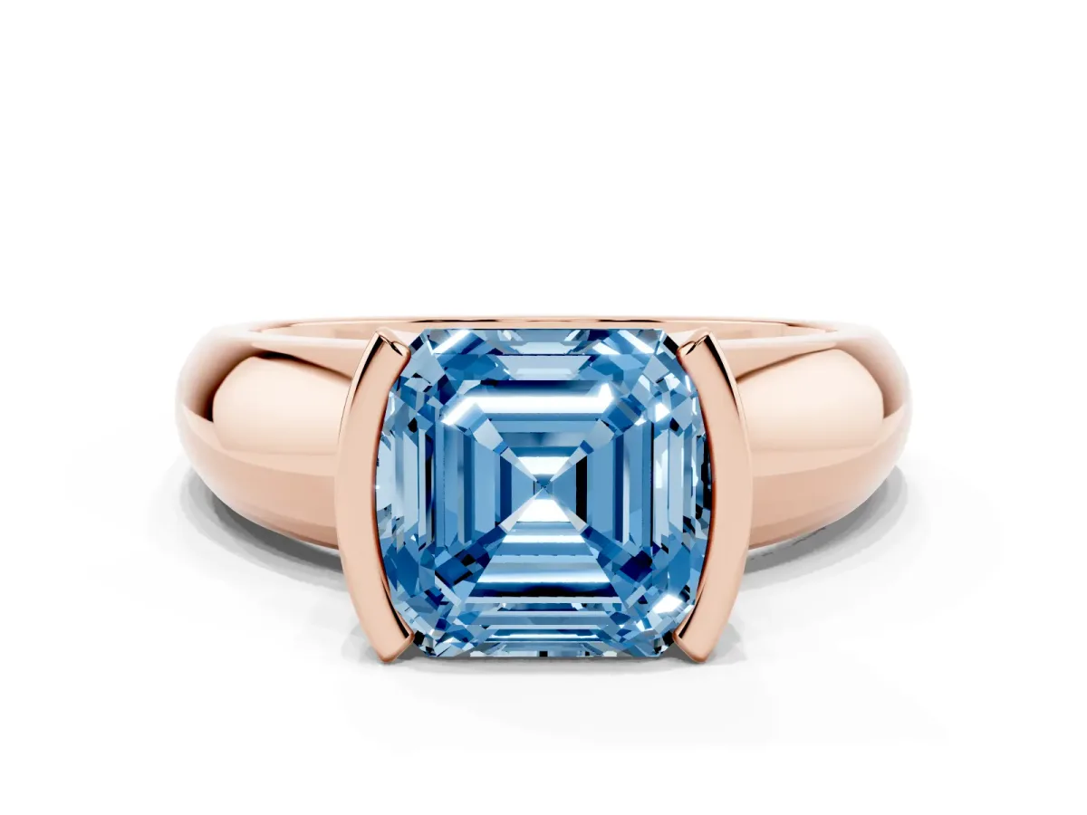 Fancy Blue Asscher Cut Solitaire Tension Set Diamond Ring with Wide Band Rose gold