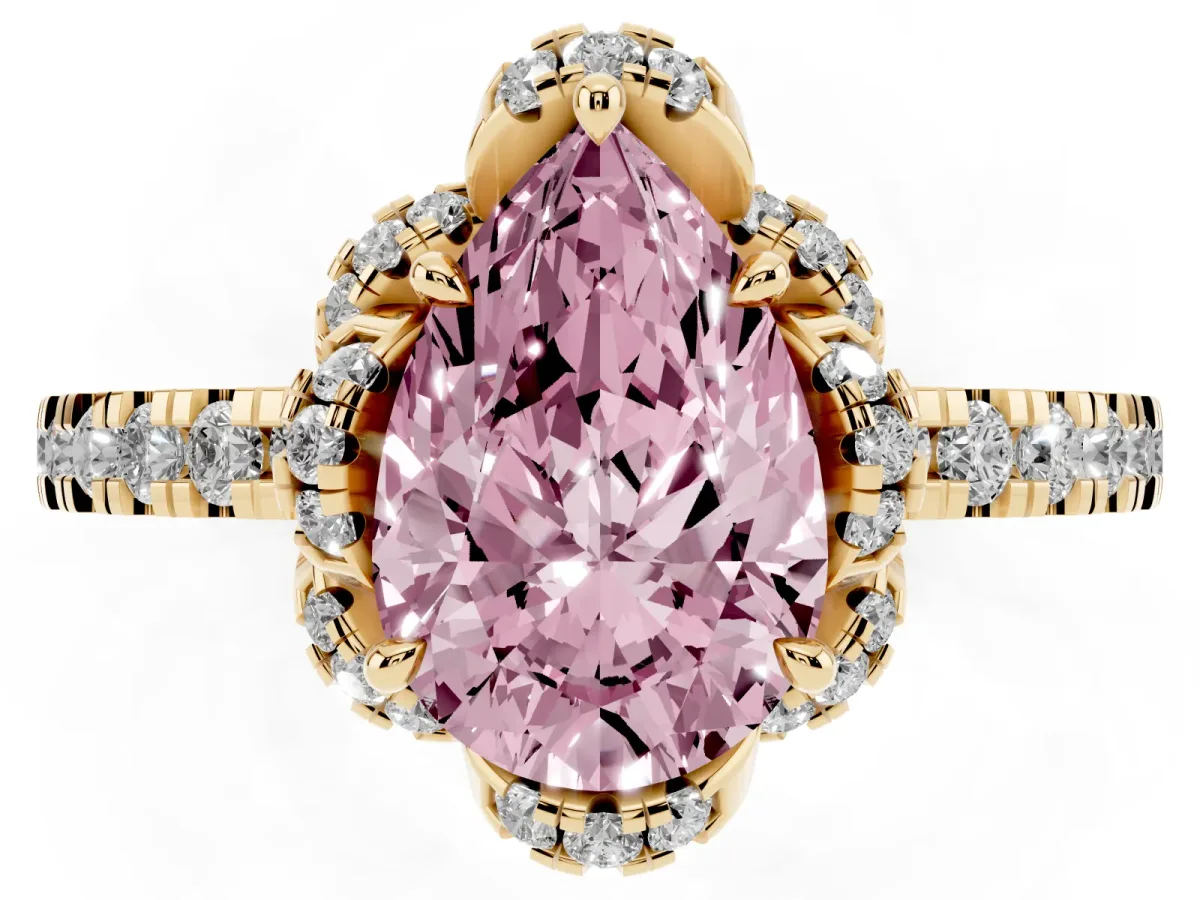 Fancy Pink Pear Cut Halo Diamond Pave Band Ring with Four-Prong Setting Yellow gold