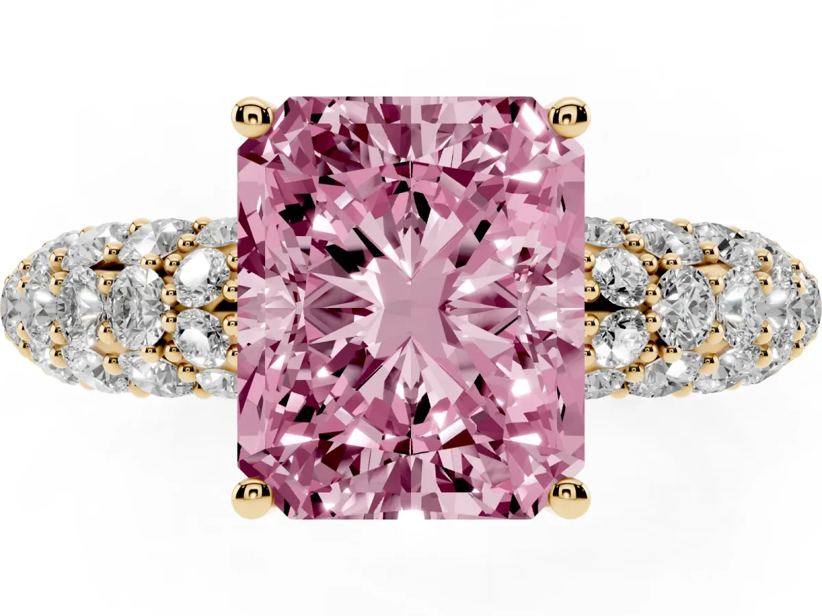 Fancy Pink Radiant Cut Diamond Pavé Band Solitaire Ring with Four-Prong Setting Yellow gold