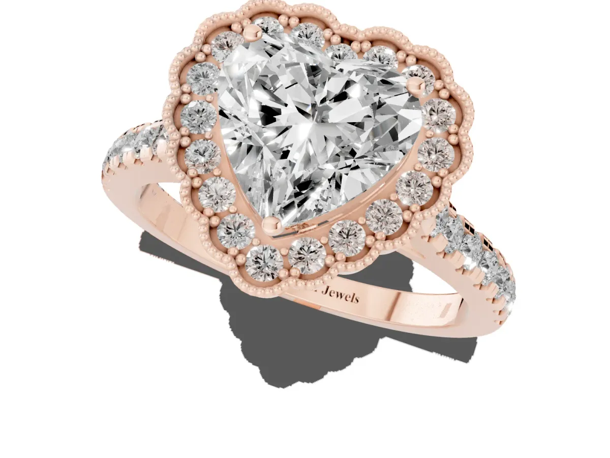 Heart Cut Cut Diamond Milgrain Floral Halo Engagement Ring with Pavé Band Rose gold