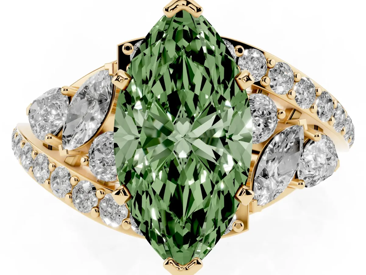 Fancy Green Marquise Cut Diamond Halo Ring with Marquise and Pavé Band in Prong Setting Yellow gold