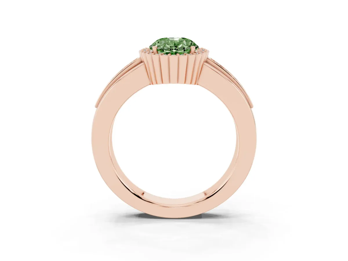 Fancy Green Oval Cut Cut Halo Pave Band Four-Prong Ring Rose gold