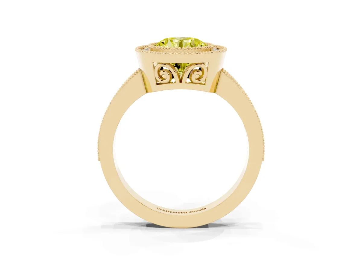 Fancy Yellow Round Cut Cut Halo Diamond Ring with Pavé Band and Milgrain Prong Setting Yellow gold
