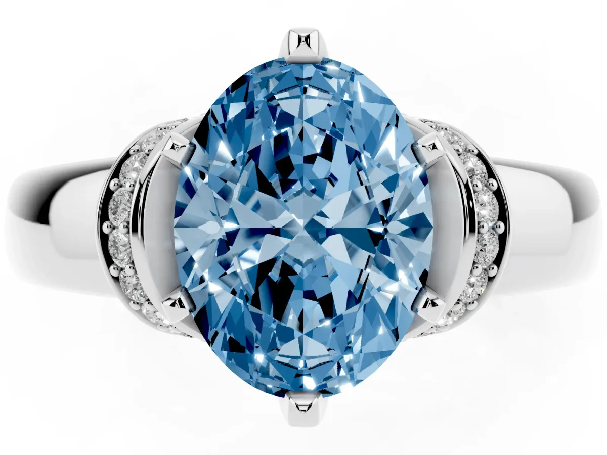 Fancy Blue Oval Cut Solitaire Diamond Ring with Pave Band and Six-Prong Setting Silver